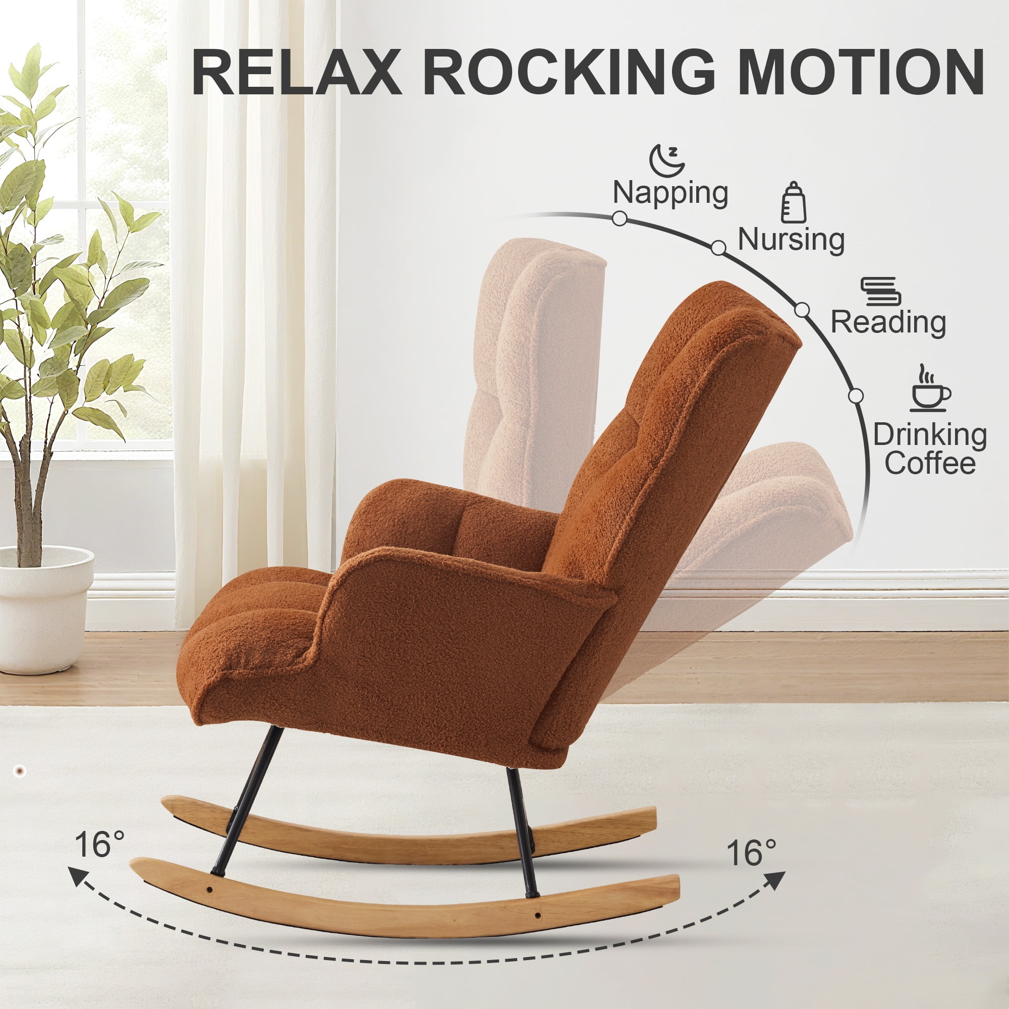 SAETSFEG Rocking Chair Nursery Teddy Upholstered Glider Rocker Rocking Accent Chair Padded Seat with High Backrest Armchair Comfy Side Chair for Living Room, Bedroom, Brown