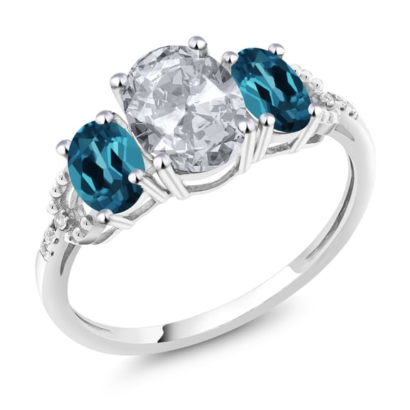 Gem Stone King 10K White Gold Oval White Topaz London Blue Topaz and Diamond Accent 3-Stone Engagement Ring | 2.35 Cttw | Wedding Engagement Anniversary Promise Ring for Women| Size 7.5