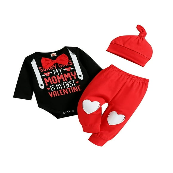 AMERTEER Newborn Baby Boys My First Valentine‘s Day Romper + Heart Print Pants + Hat 3pcs Outfit Set White 6-9 Months