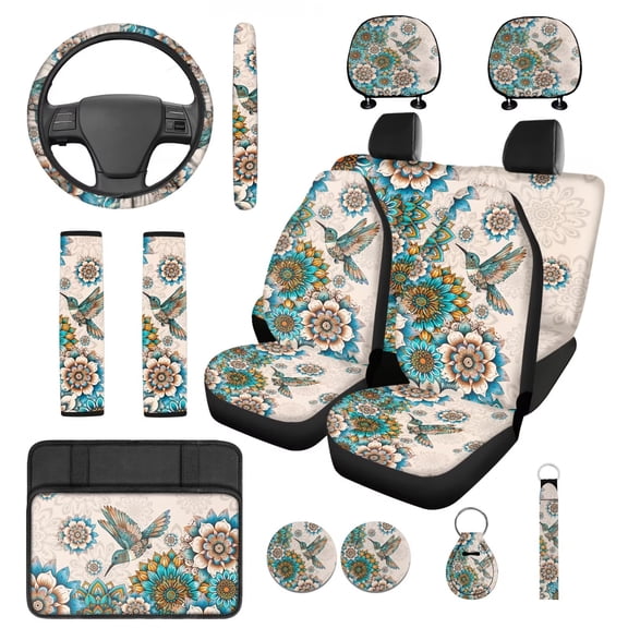 Pzuqiu 14 Pcs Front Rear Car Seat Cover Steering Wheel Seat Belt Headrest Coasters Center Console Pad Keychain Automotive Seat Cover Accessories Decor Gift for Women Boho Flower Hummingbird