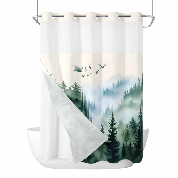 No Hook Shower Curtains with Detachable Snap-in Liner Set, Dark Green Ombre Forest Waterproof Hotel Style Bathroom Shower Curtain, Watercolor Tree Breathable Mesh Top Window Bath Curtains 60''x72''
