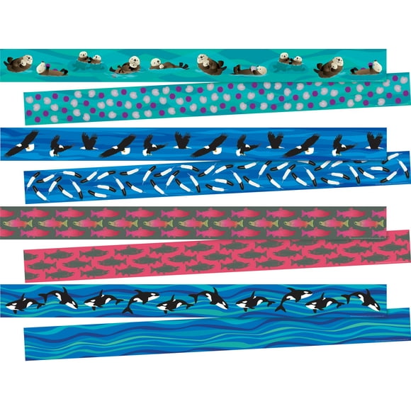 Barker Creek Double-Sided Border Set of 4, Sea & Sky, Multi-Design, 35' Each of 4 Designs, Otters, Eagles, Salmon, Whales, Total of 140' of Double-Sided Border in Set (3865)