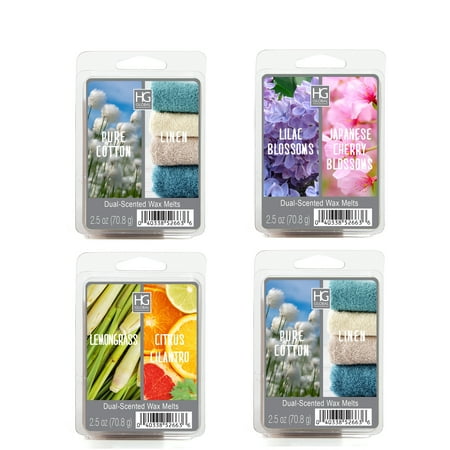 Hosley 4 Pack of 2.5oz Dual Wax Cubes / Melts - JAMINE & GARDENIA, LILAC BLOSSOMS & JAPANESE CHERRY BLOSSOMS, LEMONGRASS & CITRUS CILANTRO, PURE COTTON & LINEN