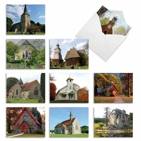 10 All Occasion Blank Note Cards Assorted (4 x 5.12 Inch) - COUNTRY CHURCHES