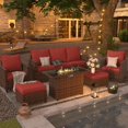 thumbnail image 2 of ELPOSUN Patio Furniture Sets with Fire Pit Table, 6 Pieces Outdoor Patio Sofa Set with Fire Pit Table, Wicker Rattan Outdoor Conversation Set with Ottoman for Poolside, Backyard,Brown Rattan Wine Red, 2 of 6