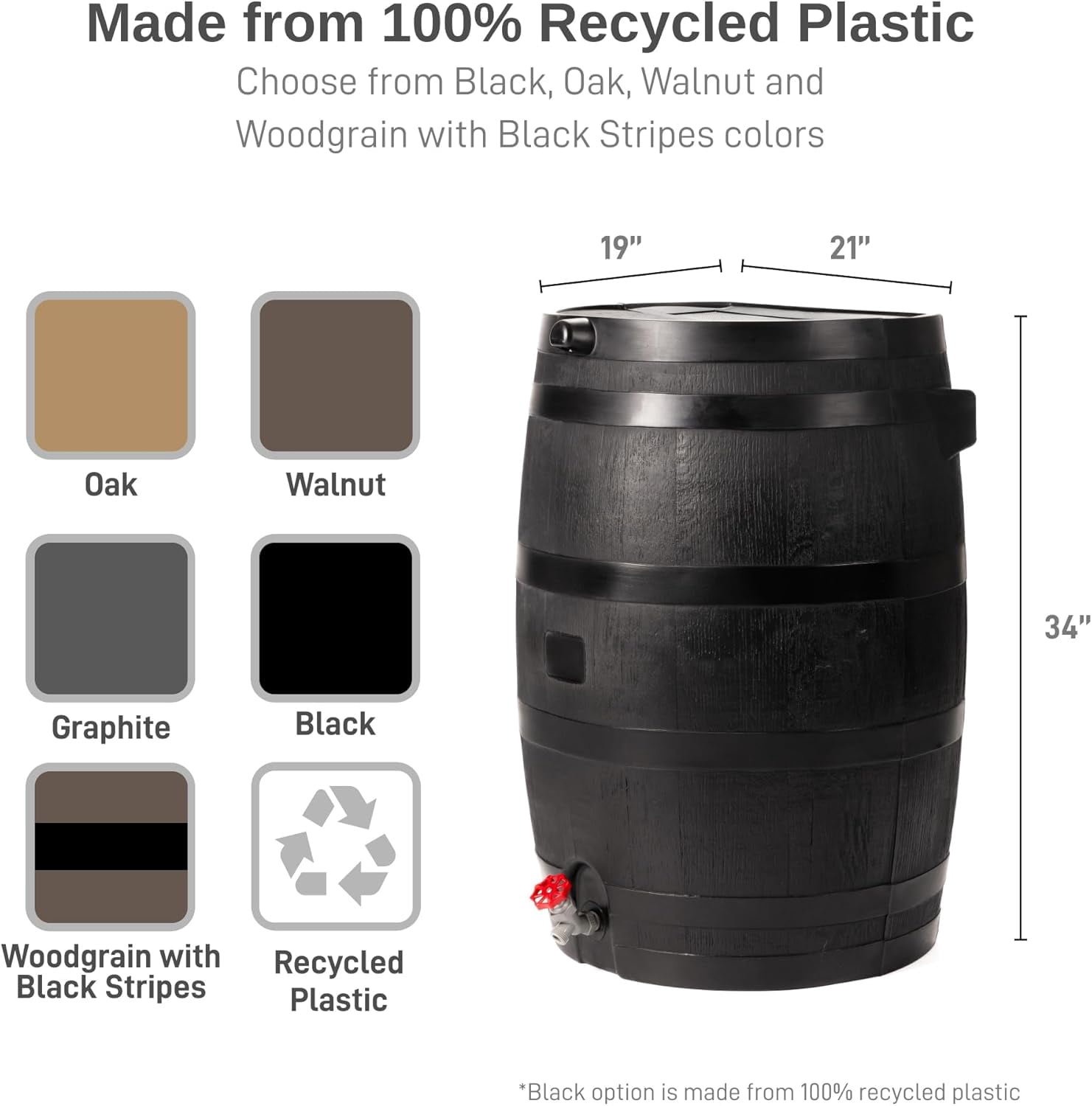 RTS Home Accents 50-Gallon ECO Rain Barrel, 100% Recycled Plastic Flat Back Rain Water Collection Barrel, Black
