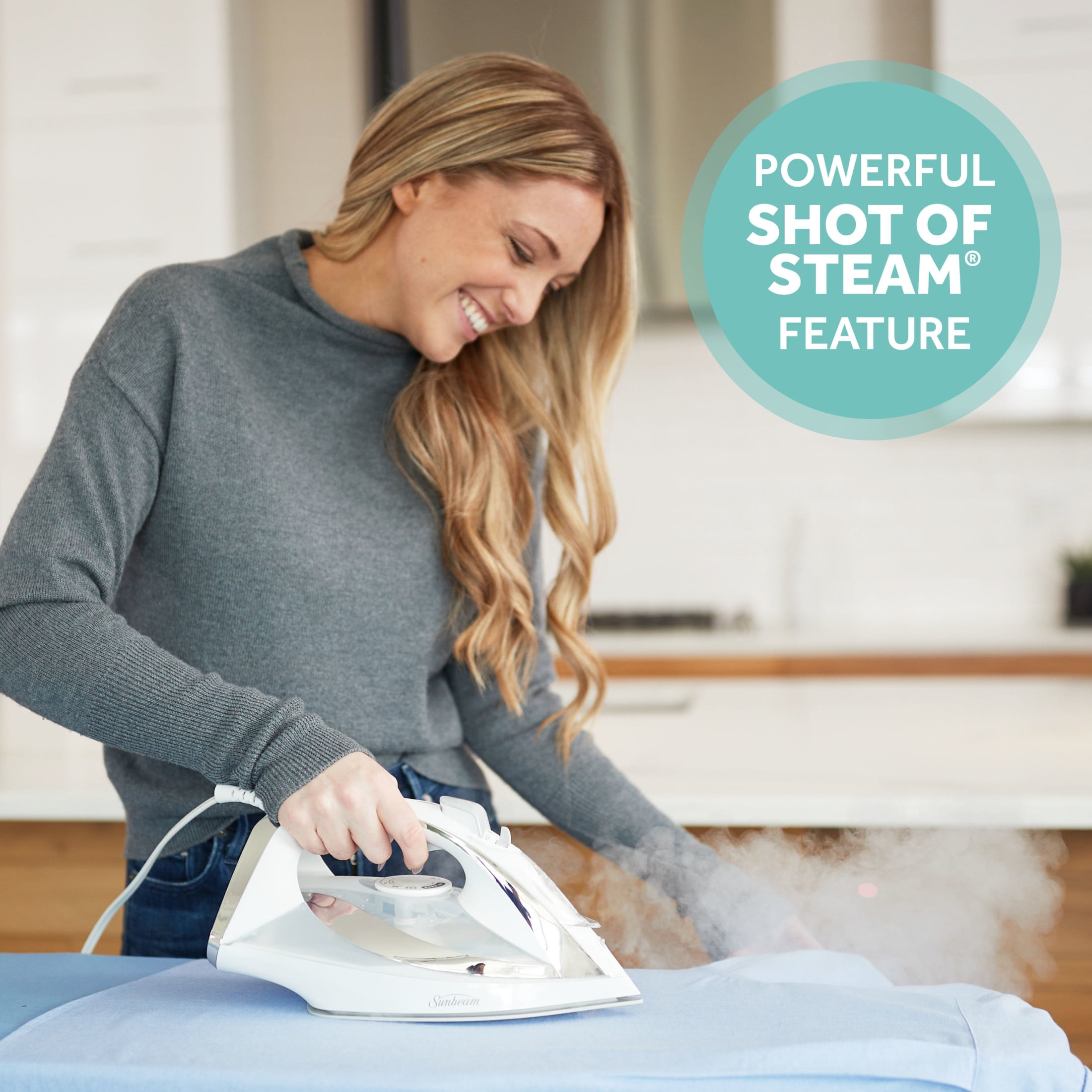 Sunbeam Turbo Steam Iron, 1700W - Nonstick Ceramic Soleplate, Vertical & Horizontal Steam, 3-Way Auto-Off - White & Chrome