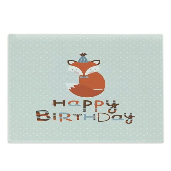 Birthday Cutting Board, Fox Sleeping on Dotted Backdrop with Greeting Happy Message, Decorative Tempered Glass Cutting and Serving Board, Large Size, Almond Green Orange, by Ambesonne