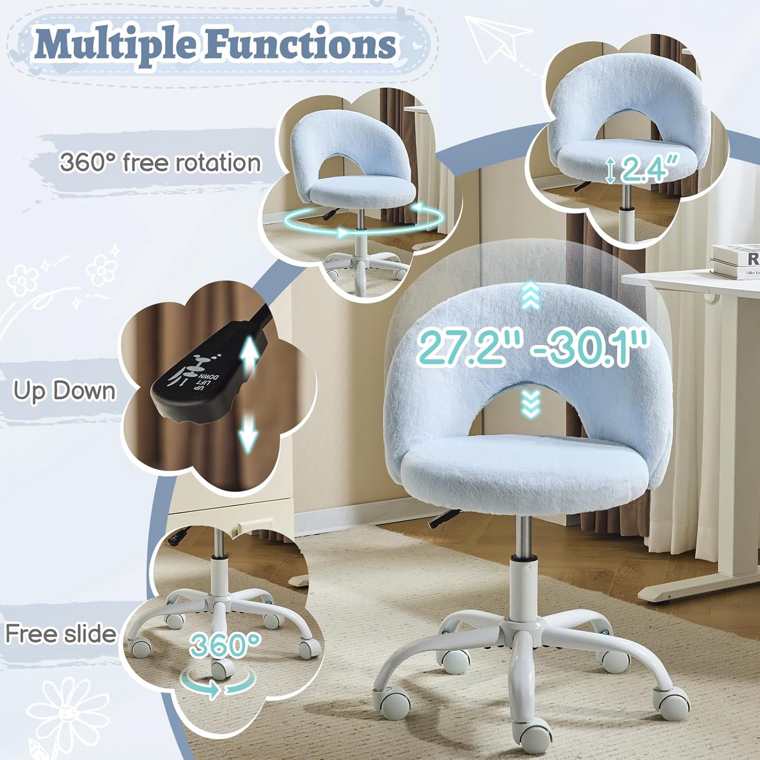 VINGLI Small Vanity Chair with Wheels for Girls.Cute Modern Adjustable Height Armless Office Desk Chair.360°Swivel Comfy Rolling Chair for Study, Make up Room,Small Space,Linen White