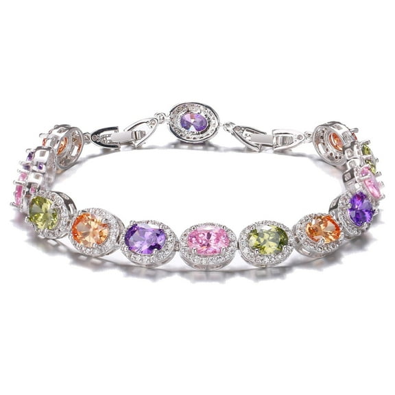 Elegant Oval Gemstone Silver Bangle Bracelet with 1-Inch Extender Chain | Adjustable 7-8 Inches | Hypoallergenic Jewelry Gift for Women(Multi Genstones)