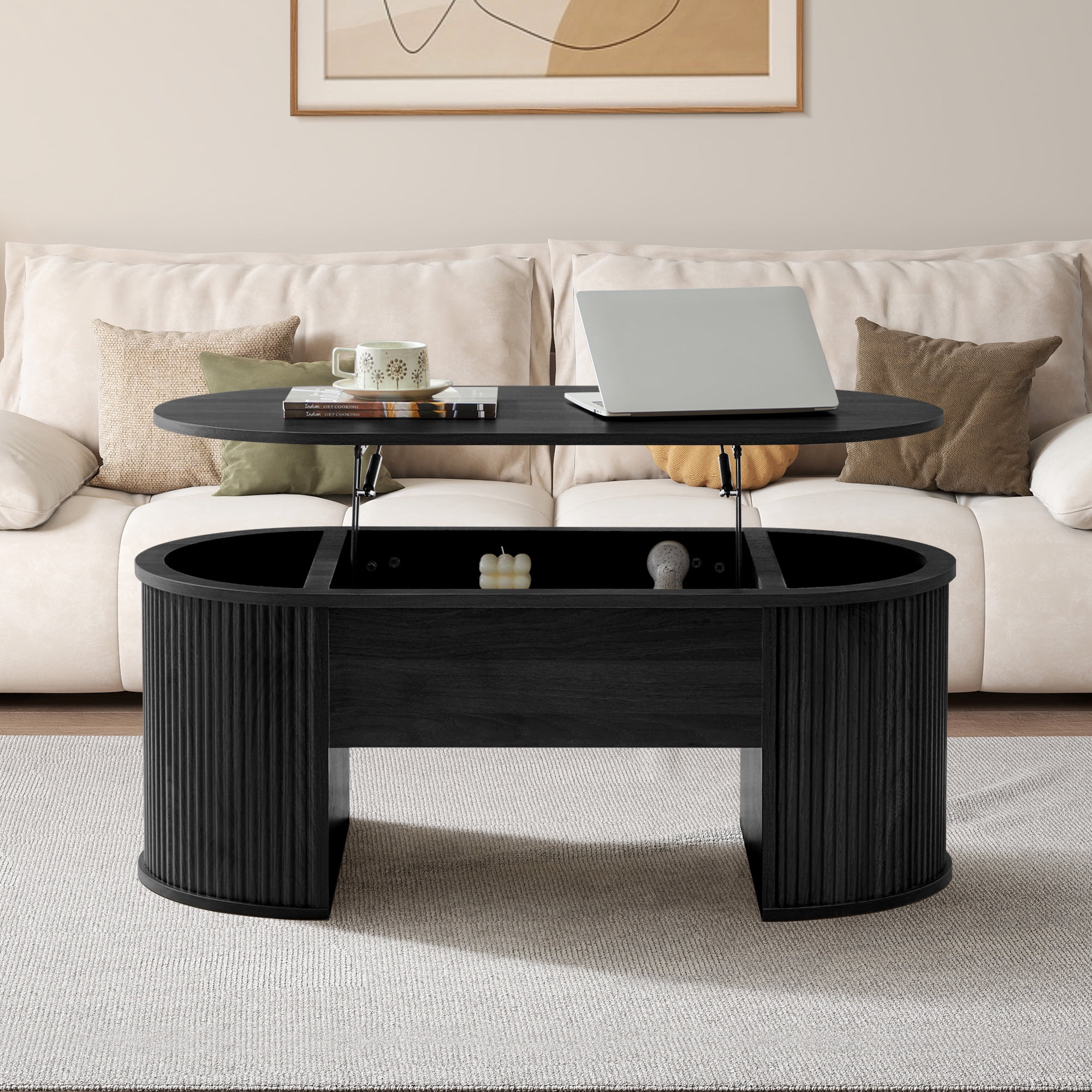 Wirrytor Lift Top Coffee Table with Storage and Open Storage Shelf, Oval Coffee Table  for Living Room, Elliptical Arc Design,Waveform Panel, Fluted Center Table,Black