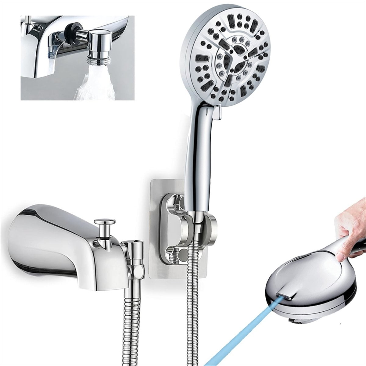 All Metal Bathtub Faucet with 9 Spray Modes, Chrome Finish Tub Faucet with Built-in Diverter & Universal Adapter Fittings