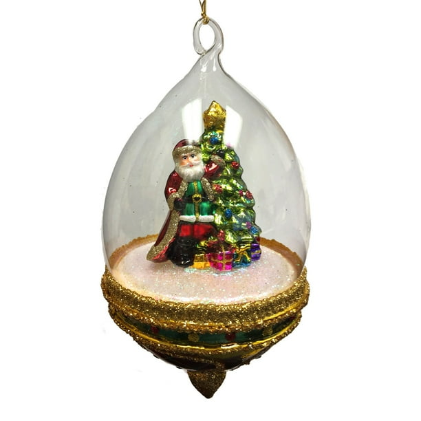 Santa by Christmas Tree Inside Glass Dome Polish Tree Ornament Made