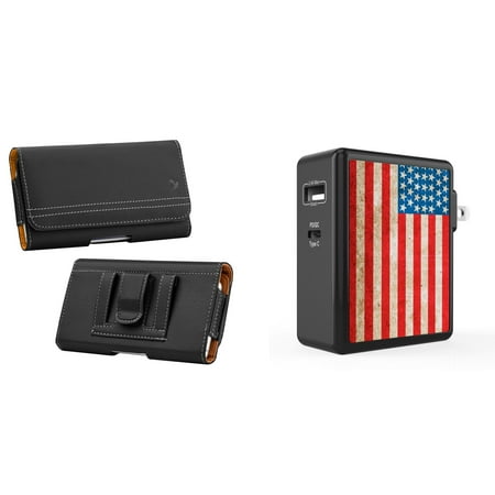 

Holster and Wall Charger Bundle for Moto G 5G (2022): PU Leather Magnetic Belt Pouch Case (Black) and 45W Dual USB Port PD Power Delivery Type-C and USB-A Power Adapter (Vintage American Flag)