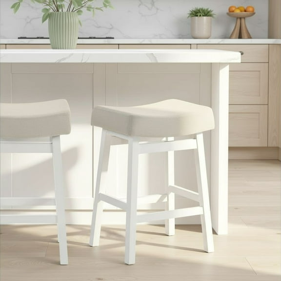 Lenon Modern Farmhouse Wood Counter Height Kitchen Bar Stool in White Finish with Cream Fabric Upholstered Seat