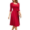 thumbnail image 4 of ZQUUVOU Women's Vintage Tiered Dress 3/4 Sleeve Tie Waist Flowy Maxi Skirt Square Neck Knee Length Gown Outfit Red, 4 of 8