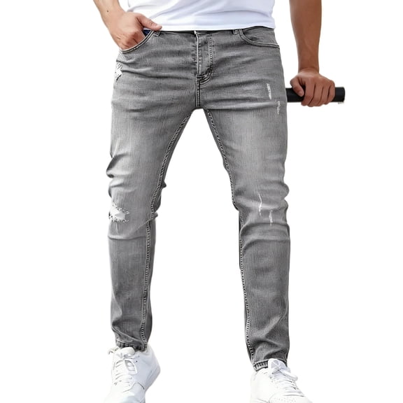 Reppunk Men's Vintage Grey Wash Distressed Skinny Jeans, Stretch Slim Tapered Ripped Denim Pants, Business Casual Versatile Office Daily Commute Trousers