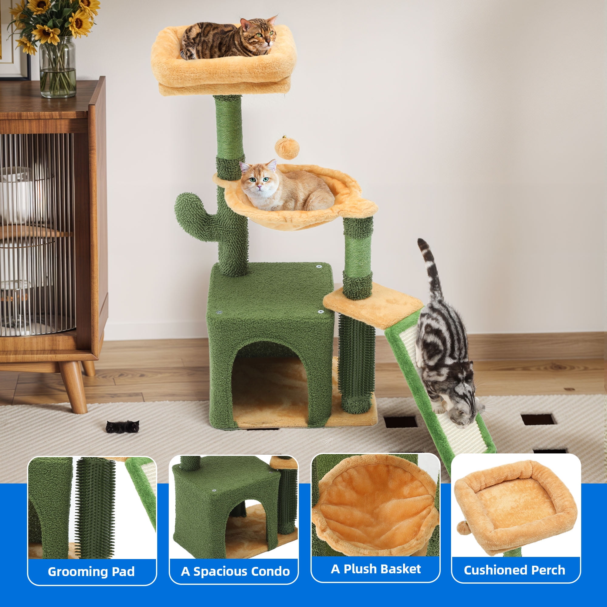 Dextrus 37" Tall Cactus Cat Tree Tower,Indoor Cat Condo with Self-Grooming Brush, Plush Platform, Hammock, Sisal Scratching Posts, and Toy Balls,Green
