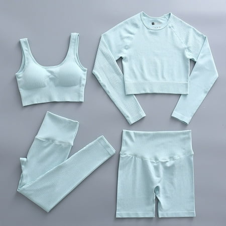 

4pcs Womens Yoga Set Fitness Sports Seamless Workout Gym Top & Bra & Leggings & Shorts
