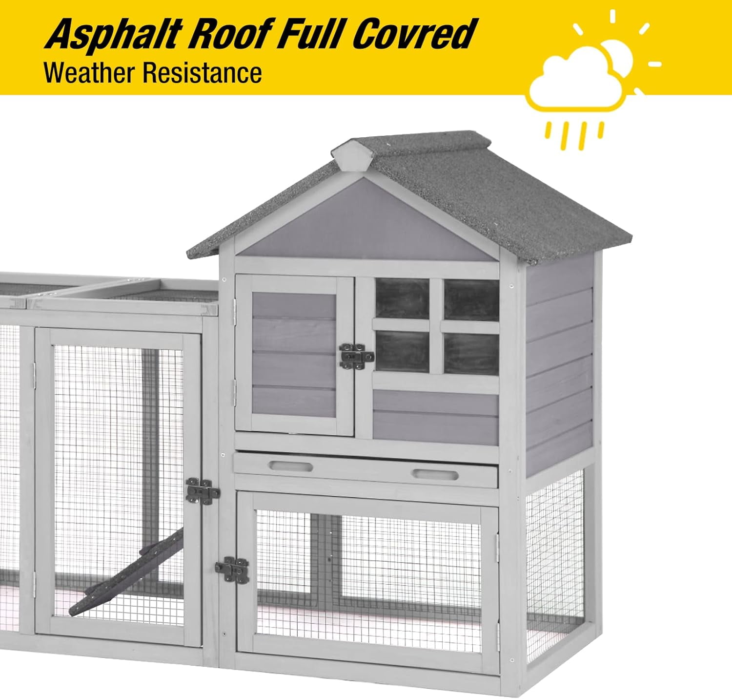 51.6" LRabbit Hutch Indoor Outdoor Bunny Cage Rabbit cage with Run, Deeper No Leak Tray, Weatherproof