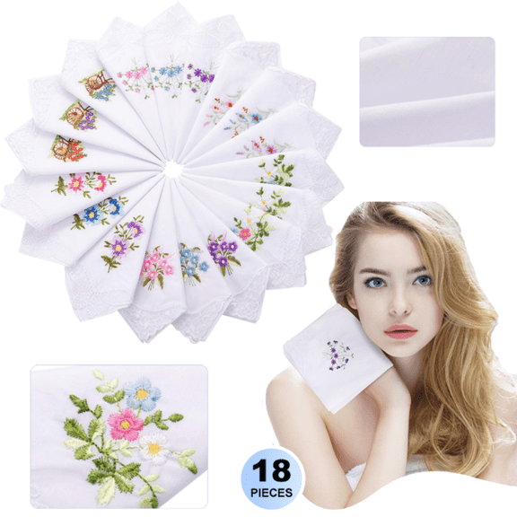 Floral Embroidered Handkerchiefs for Women,Soft Cotton Hankies for Business,11x11'' (Classic Styles)