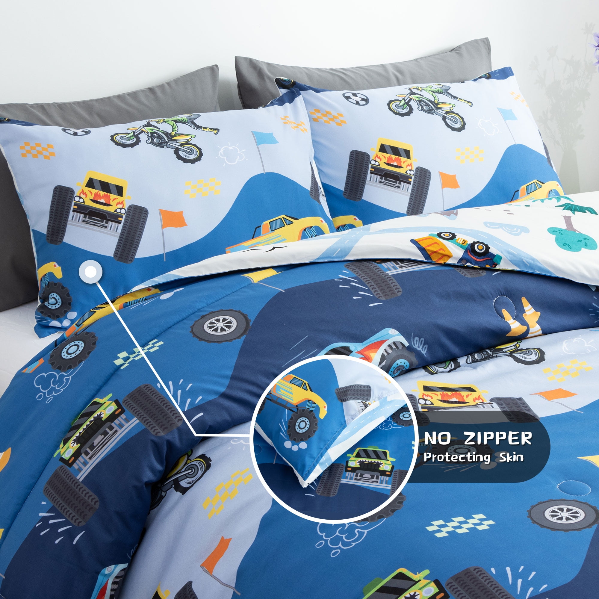 Btargot 3Pcs Reversible Cartoon Car Kids Off-Road Vehicle Comforter Set Full Race Car Motorcycle Construction Truck Bedding Set for Car Fans Boys Blue