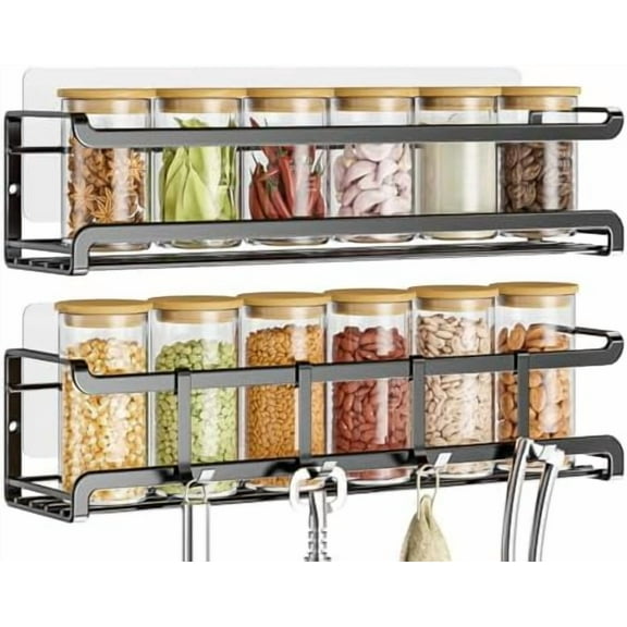 Spice Rack wall mounted 2 Pack, Space-Saving Spice Organizer for Spice Jars and Seasonings,Screw or Adhesive Hanging Spice Rack Organizer for Your Kitchen Cabinet,or Pantry Door
