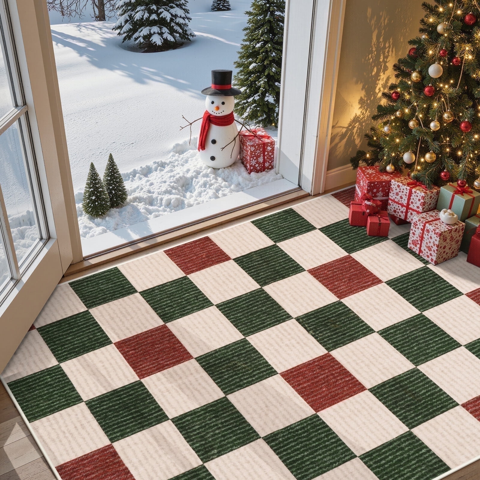 RUG ROBOT 3'x5' Christmas Rugs for Entryway, Washable Non-Slip Checkered Area Rug, Soft Farmhouse Geometric Xmas Holiday Rugs for Bedroom, Living Room Indoor Outdoor Christmas Decor