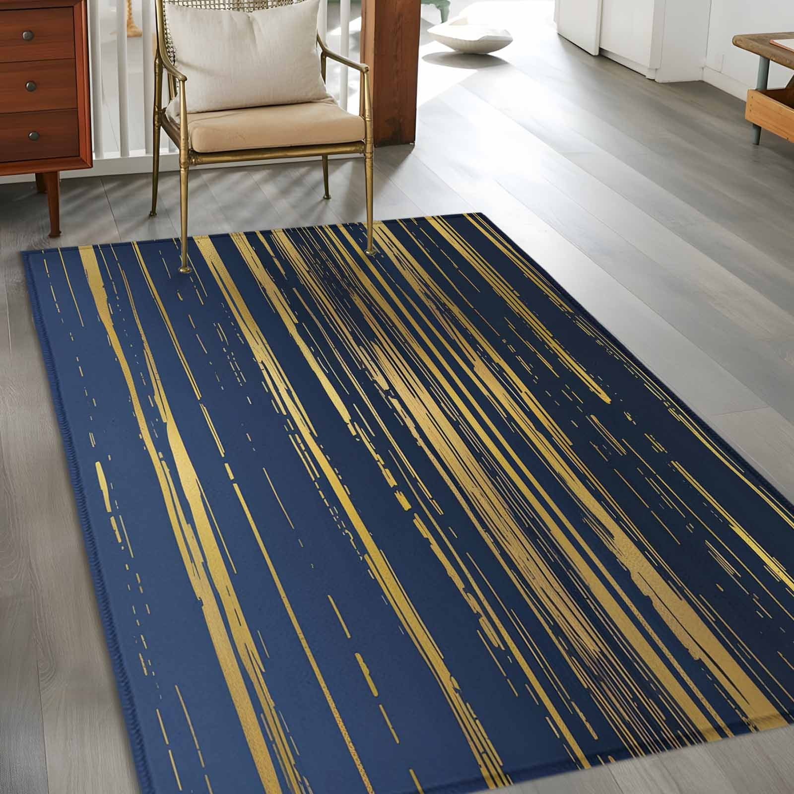 Blue Yellow Striped Area Rugs 2.7'x5', Washable Small Throw Rugs for Kitchen Bedroom, Modern Abstract Art Stripes Indoor Outdoor Rug Non-Slip Low Pile Carpet Runner Reversible Floor Mats