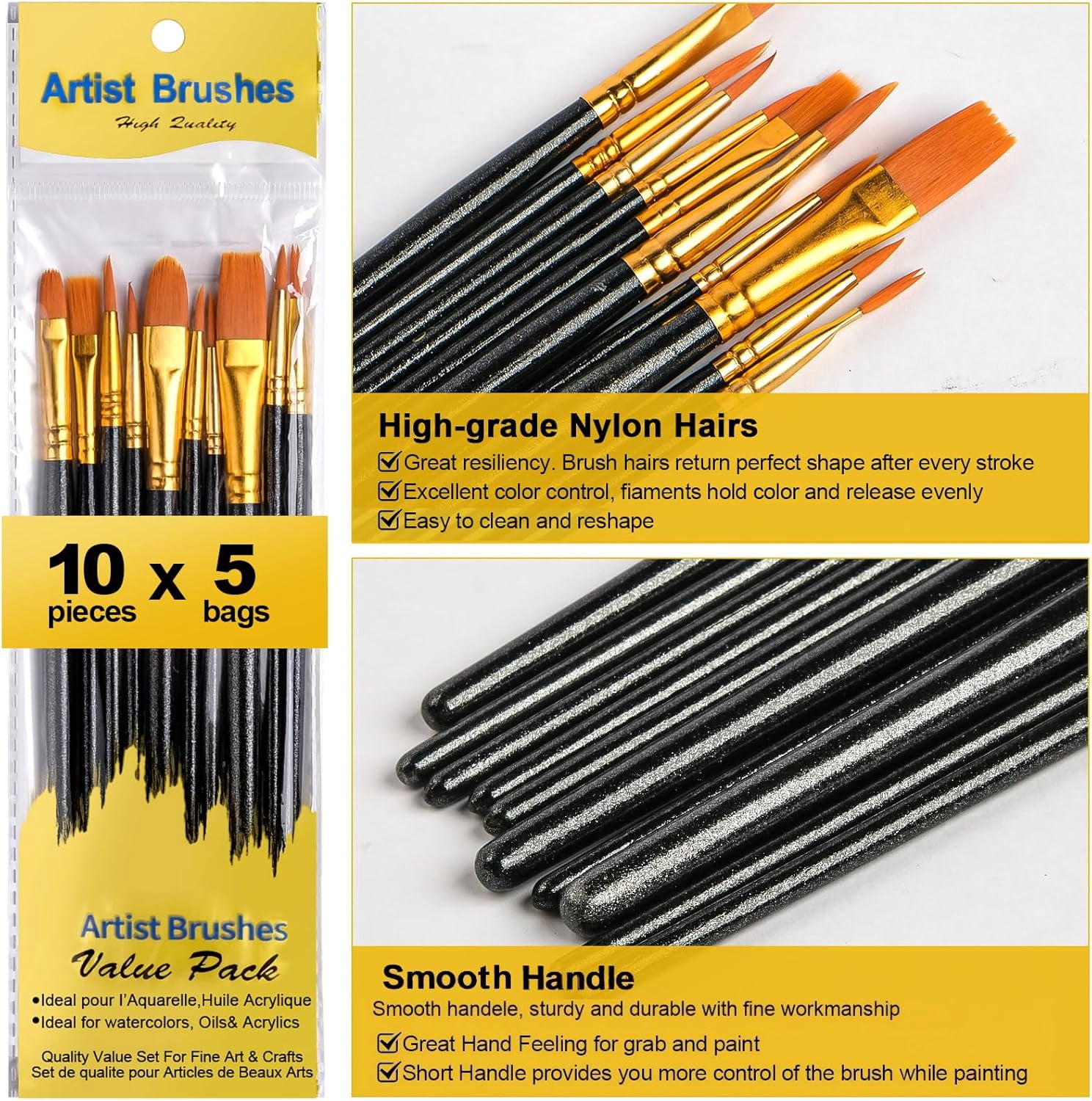 JJEAN-Acrylic Paint Brushes Set, 50Pcs Round Pointed Tip Artist Paintbrushes for Acrylic Painting Oil Watercolor Canvas Boards Rock Body Face Nail Art, Halloween Pumpkin Ceramic Crafts Supplies��Blac