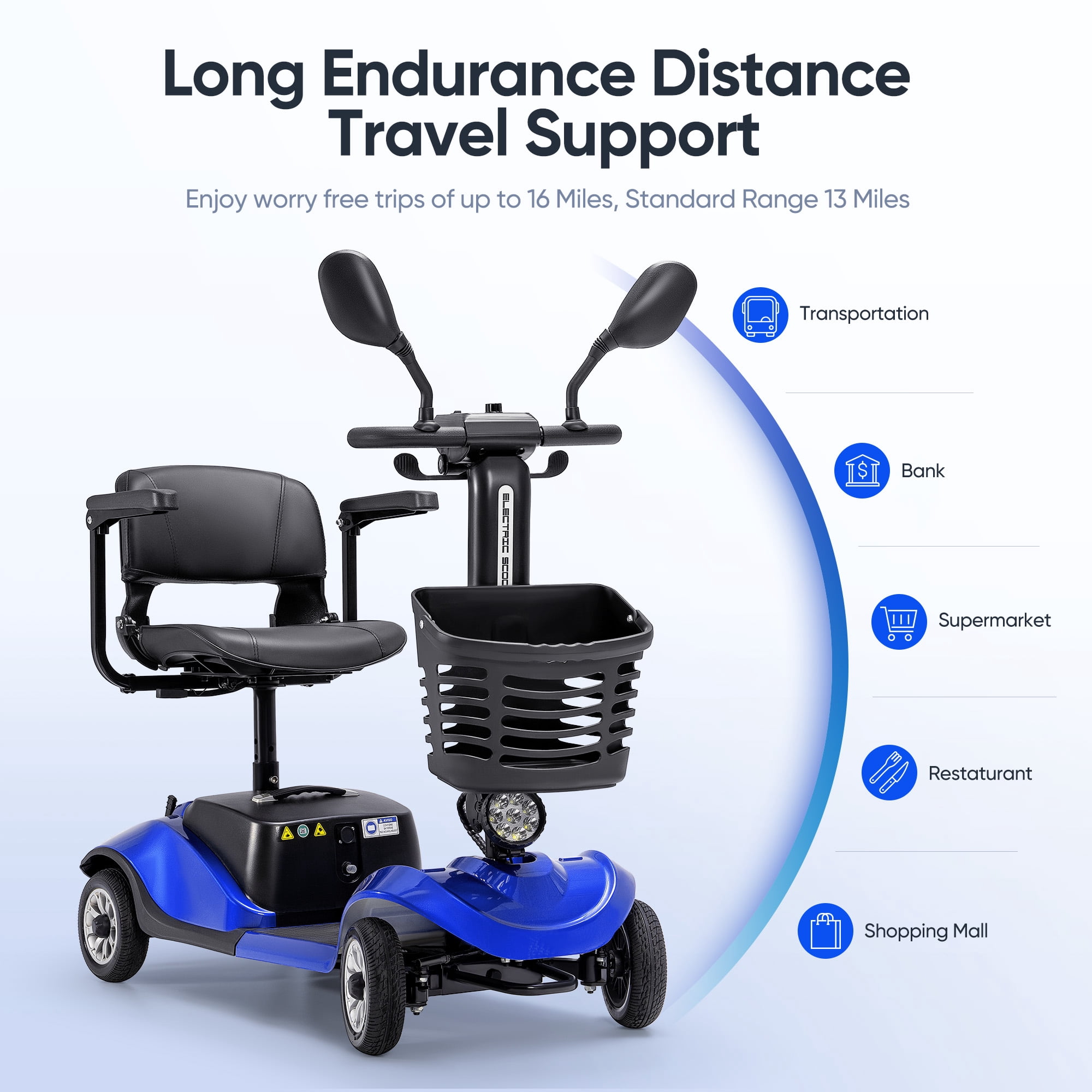 Morrean 4 Wheels Folding Travel Mobility Scooter for Senior, Electirc Wheelchair with Basket for Adults, Blue