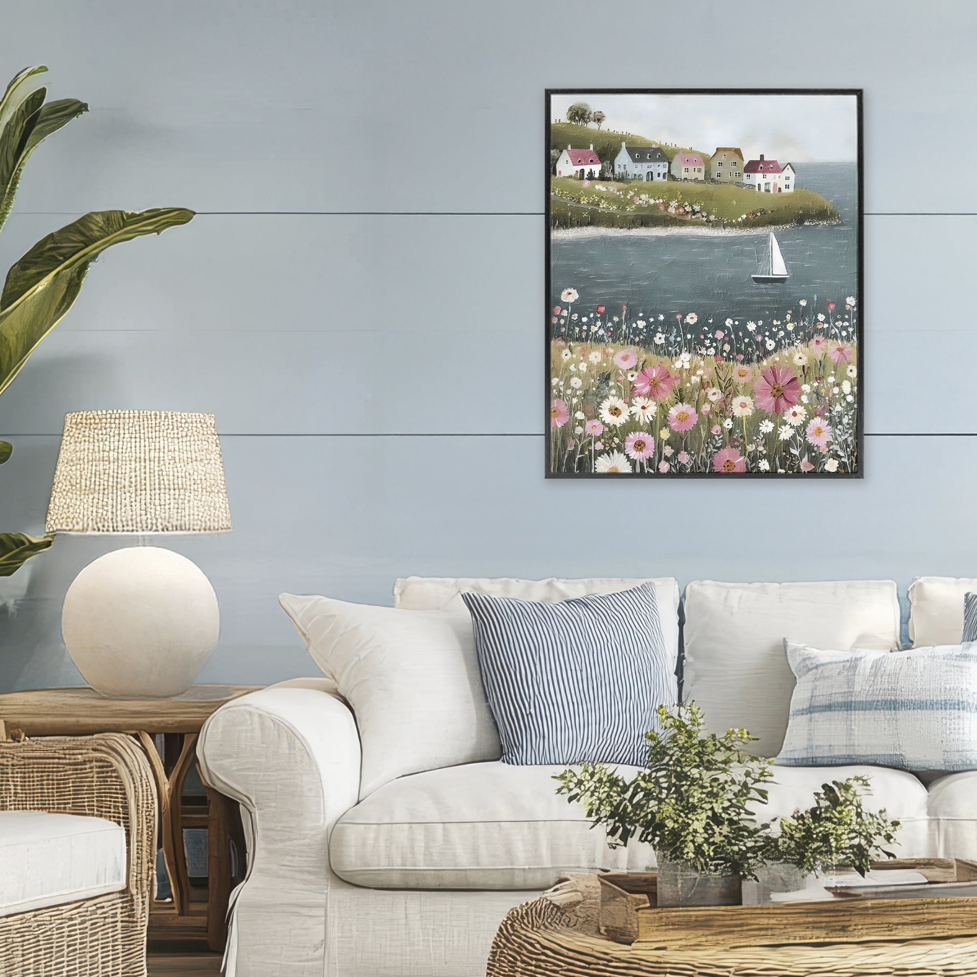 Stupell Industries Pink Meadow & Sailboats Black Framed Giclee Art, design by Riley B