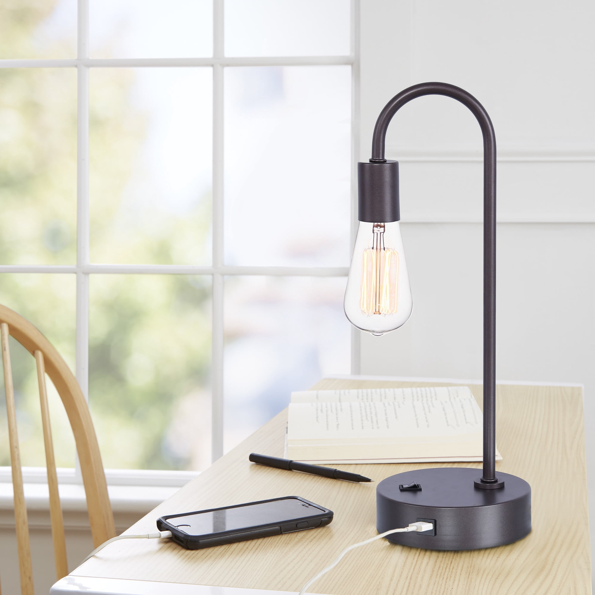Grandview Gallery 17" Minimalist Slate Gray Desk Lamp ft. Built-In USB Port, Sleek Body, Exposed Bulb Design, and Convenient Rocker Switch