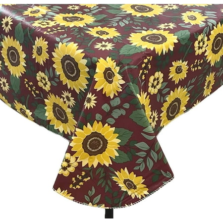 

Fall Flannel Back Vinyl Tablecloth: Autumn Harvest Yellow Brown Sunflowers on Burgundy Red Background 52 x 90