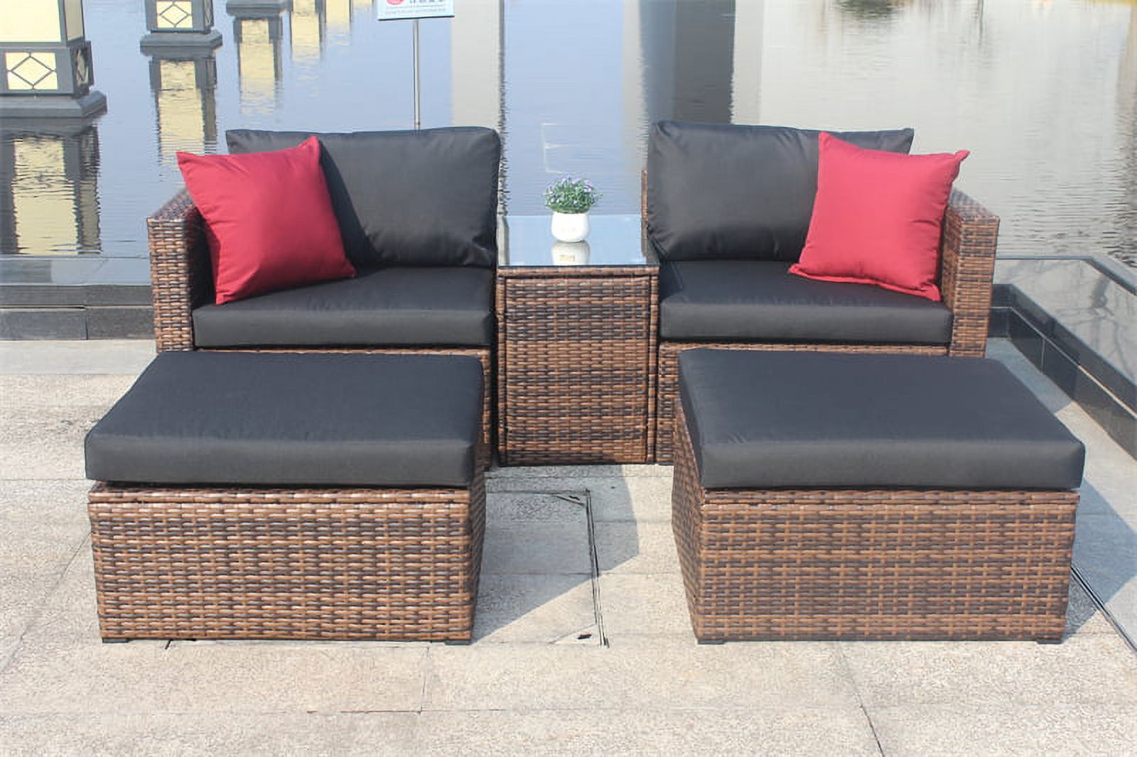 5 Pieces Outdoor Patio Sectional Sofa Set, Rattan and Black Cushion with Weather Protecting Cover, Patio Sofa Sets with 2 Rattan Chairs, 2 Pieces Patio Rattan Ottomans and Coffee Table - image 2 of 7