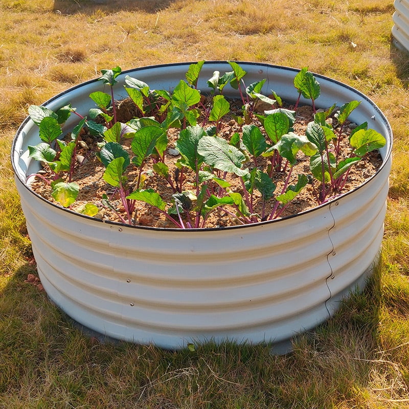 VEGEGA 17" Tall 42" Round Modular Corrugated Metal Raised Garden Beds, White Steel Plant Raised