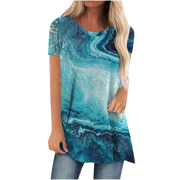 asdoklhq Juniors Plus Tops & T-Shirts, Women's Summer Round-Neck Short Sleeve Print Casual T-Shirt Blouse