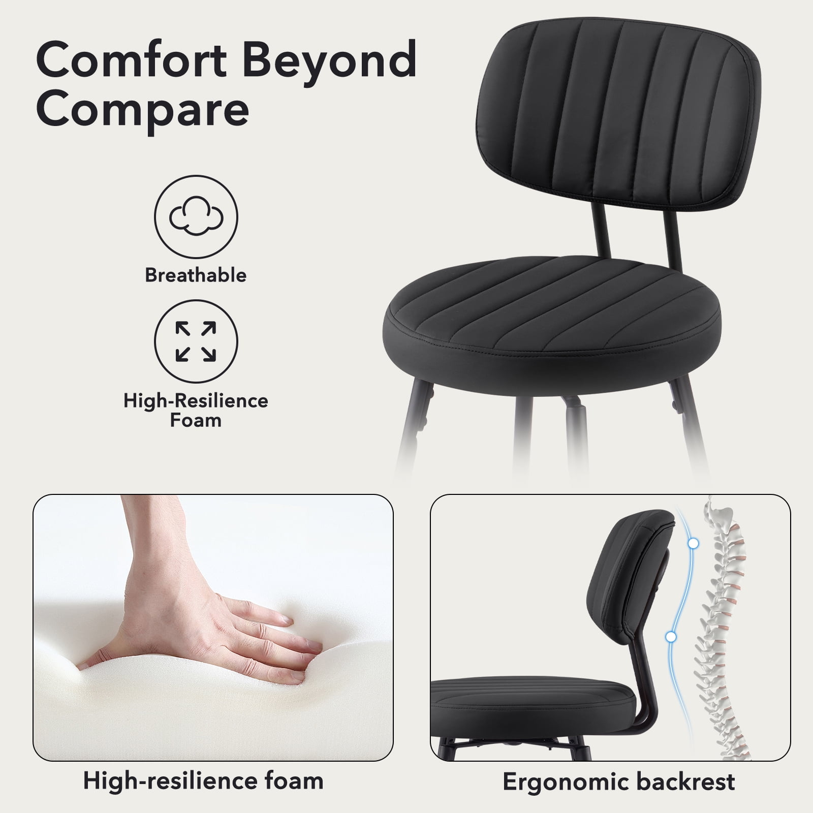 Furniliving 26" Modern Bar Stools Set of 2, Upholstered Swivel Counter Height Barstools with Back and Footrest, Adjustable Faux leather Barstool for Kitchen Island,Dining Room.Black