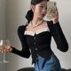 thumbnail image 2 of Suéter de punto vintage MEXZT para mujer, jerséis cortos con cuello cuadrado, prendas de punto elegantes y ajustadas de estilo coreano, jerséis sencillos con retazos, 2 of 5