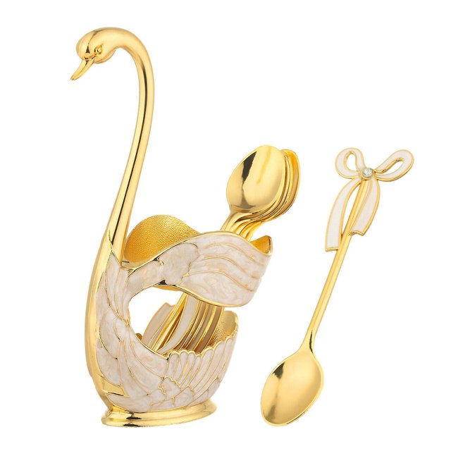Soporte base de cisne de metal con 6 piezas cuchara de postre de oro Afortunado Sencillez