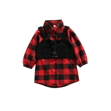 

BrilliantMe Kids Baby Girl Clothes Set Plaid Print Long Sleeve Button Long Shirt Long Dress+Bandage Vest Spring Fall 2pcs Outfits Red 3-4 Years