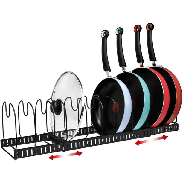 Organizador de ollas y sartenes expandible, estante organizador de sartenes de hierro resistente y duradero para gabinete, compartimentos ajustables con patas de goma no tóxicas, construcción sólida