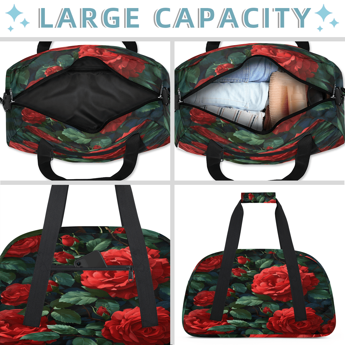 Herdesigns Red Rose Sports Duffle Bag for Women & Men, Red Floral Flower Gym Bag Dance Bag Overnight Bag Carry On Weekender Travel Bag