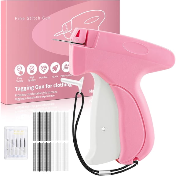 YMWVH Stitch Gun for Clothes - Handheld Stitch Tag Gun Quick Clothing Fixer - Tagging Gun - Sewing Kit Includes 5 Needle, 1000 Black Fasteners & 1000 White Fasteners (Pink)