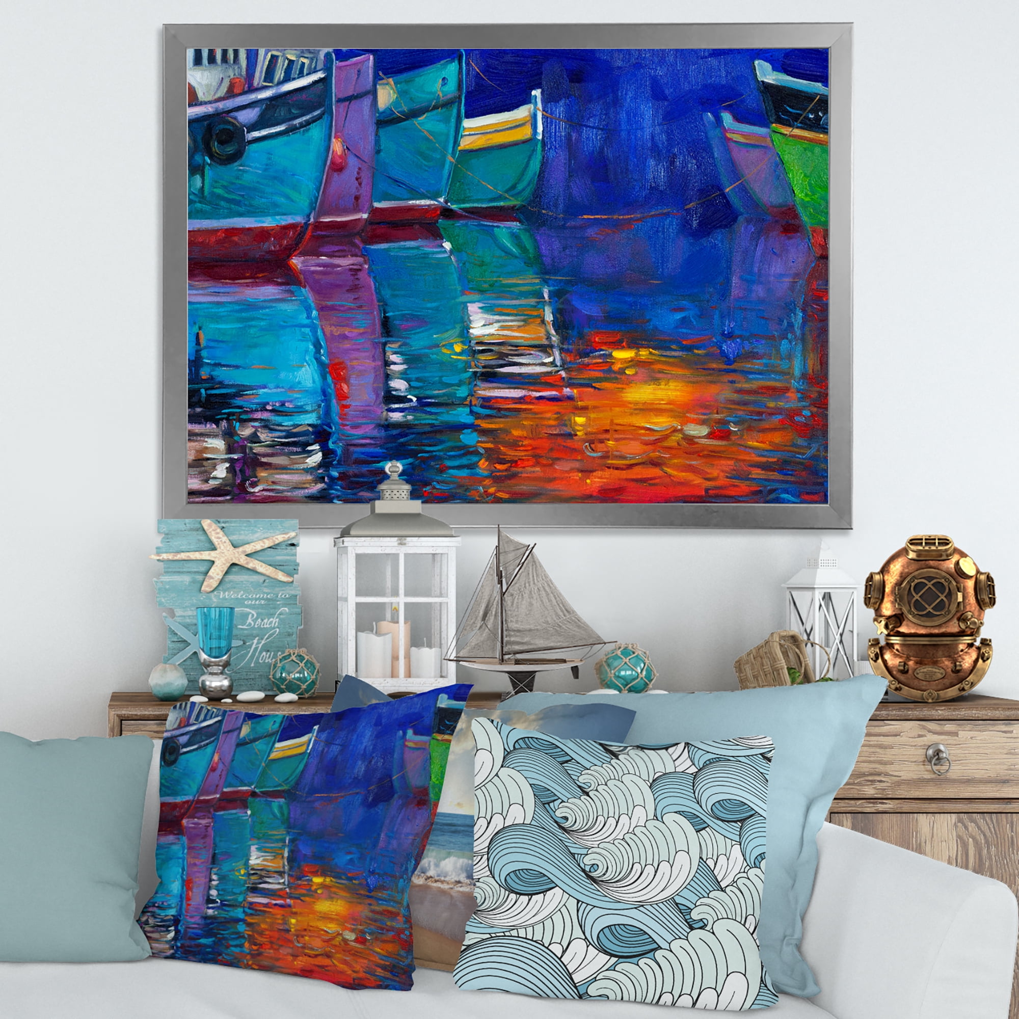 Boats During Warm Sunset Resting On The Water I 32 in x 16 in Framed Painting Canvas Art Print, by Designart