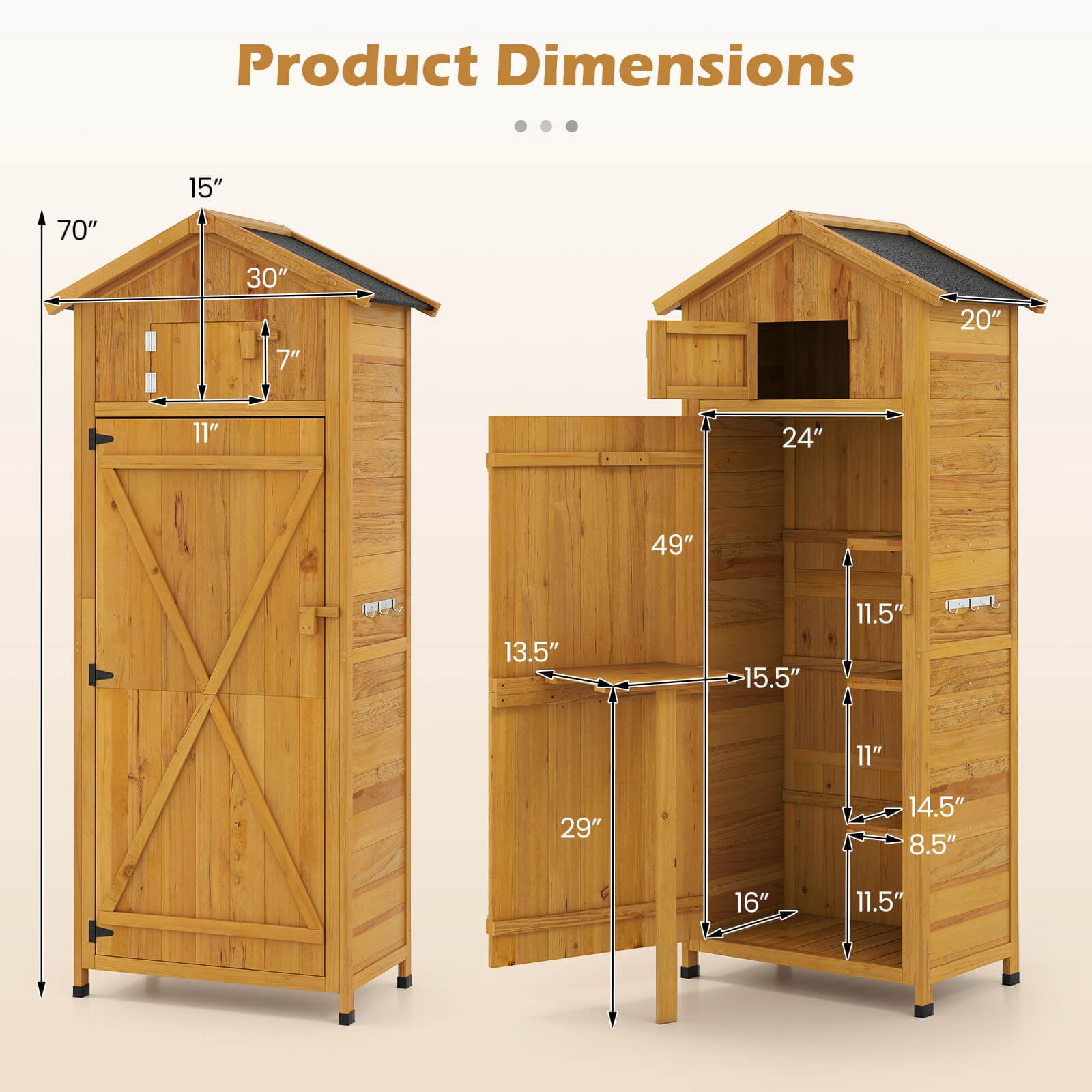 Costway Outdoor Lockable Wooden Storage Shed with Shelves, 71"x29.5"x20", Natural
