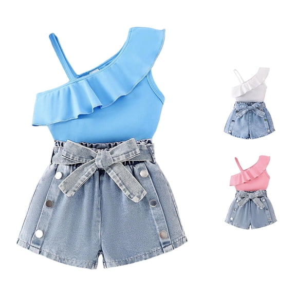 WEIGFI Toddler Girls Outfit Sets Off Shoulder Tank Top And Denim Shorts 2 Piece Sleeveless Solid Color Bowknot Waist Belt Playwear Casual Summer Everyday Wear Lovely Vacation Set,Blue,3-4 Years