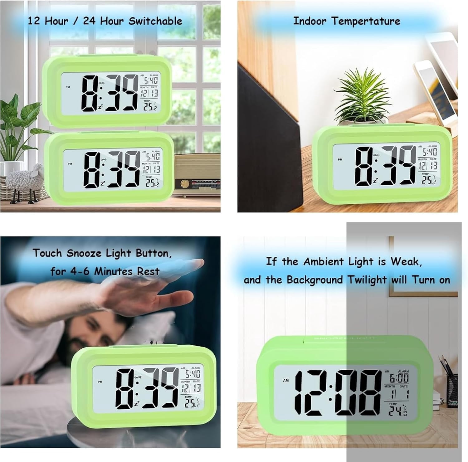 Digital Alarm Clock 4.3 Inch LED Display Battery Powered with Temperature Calendar Snooze Light Control Adjustable Brightness Portable Bedside Clock Green