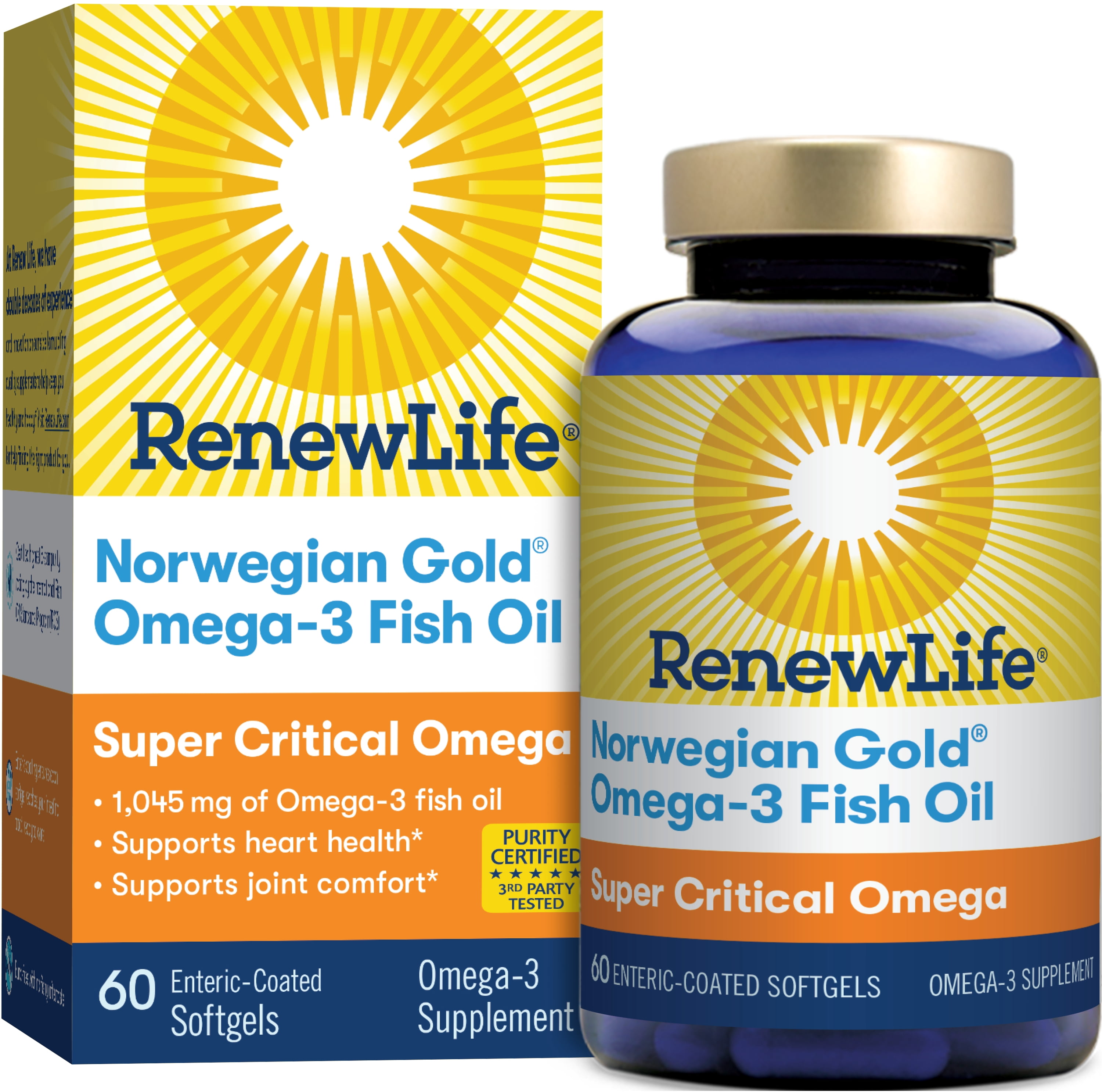 Norwegian Gold - Super Critical Omega - Omega 3 fish oil supplement - burpless - brain, heart, and joint health -60 softgel capsules - a Renew Life brand