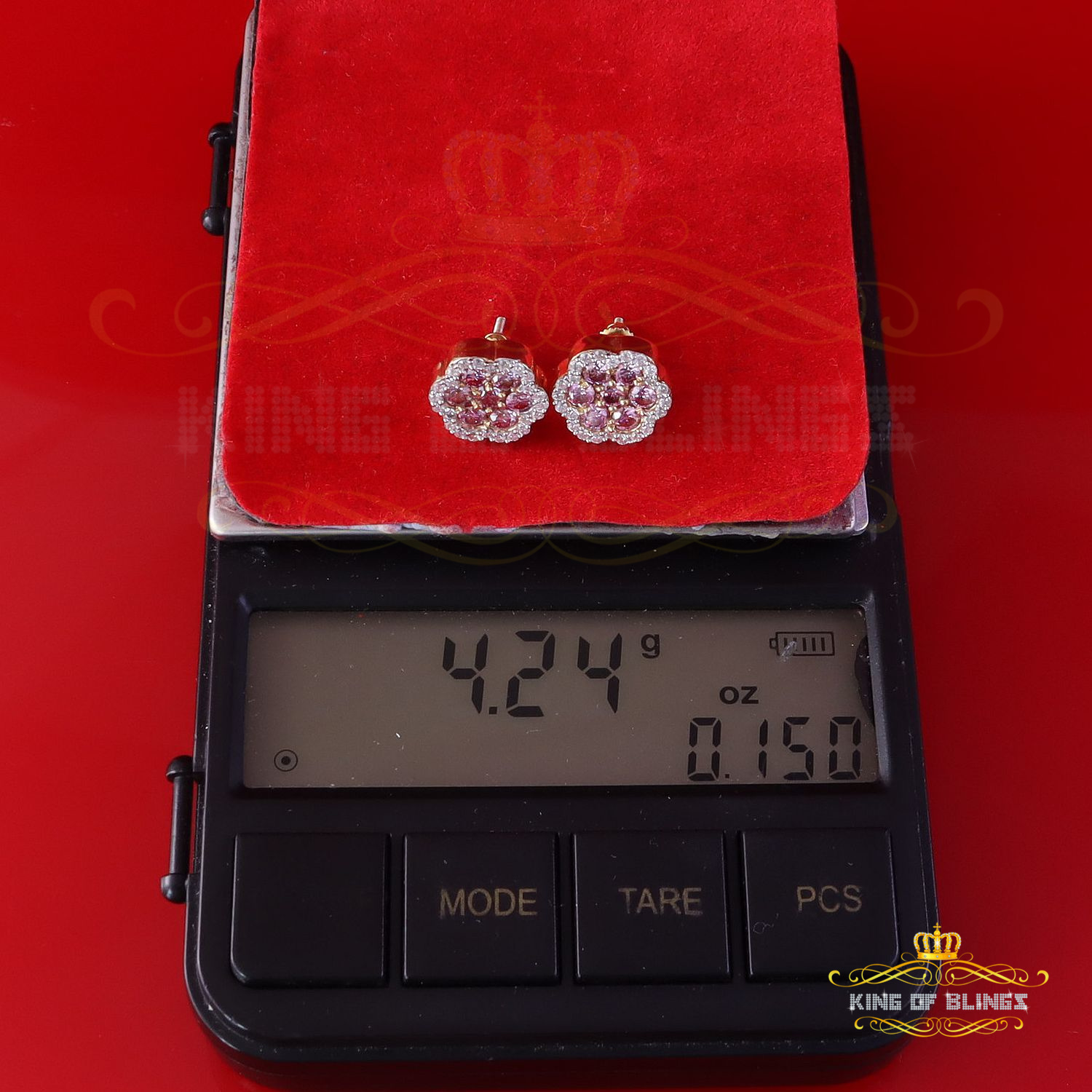 King of Bling's 925 Silver Yellow 1.50ct VVS D Pink Moissanite Floral Mens/Women's Stud Earrings